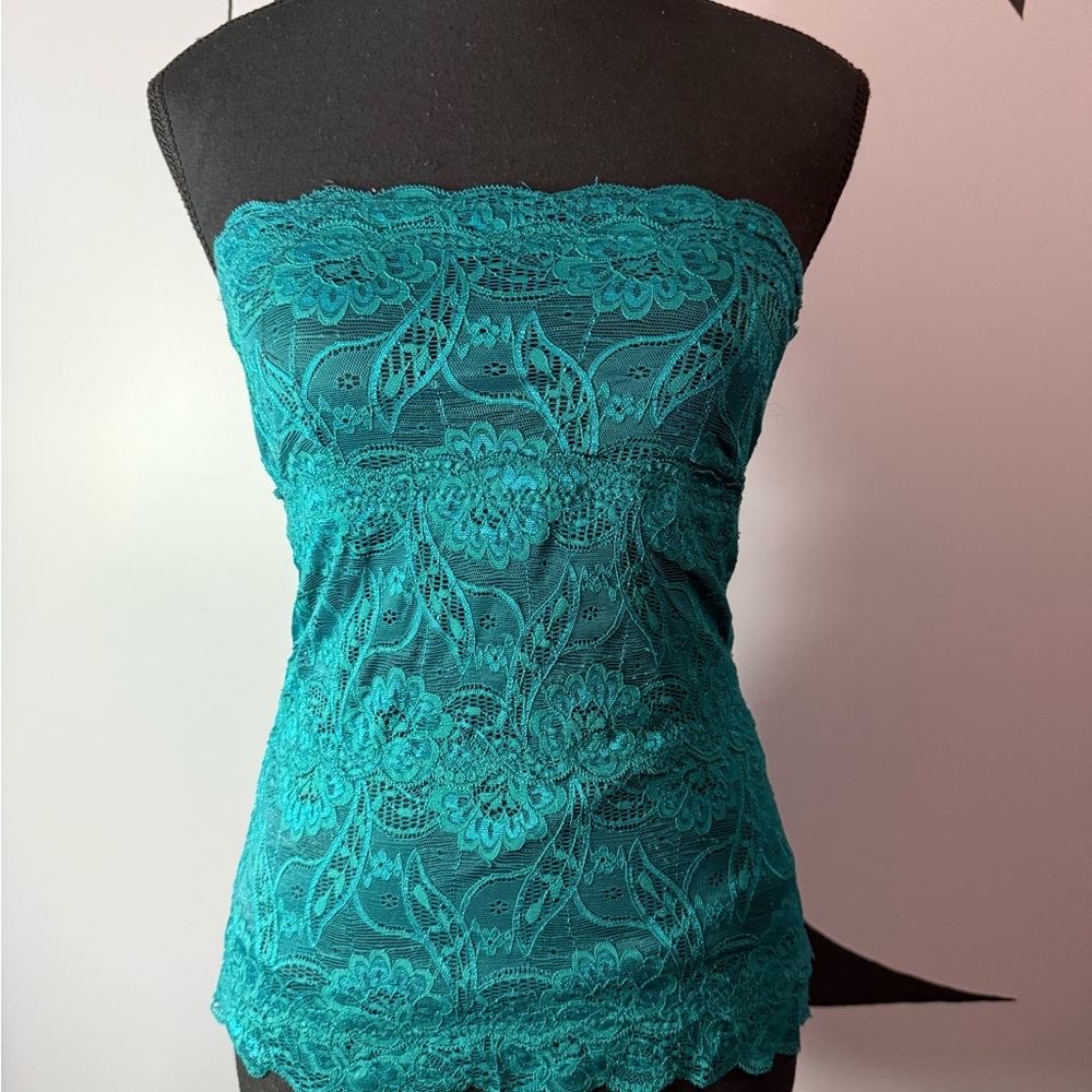 Teal Floral Lace Strapless Bandeau Top | Y2K Going Out Party Top. PTP 14 - Picture 2 of 9